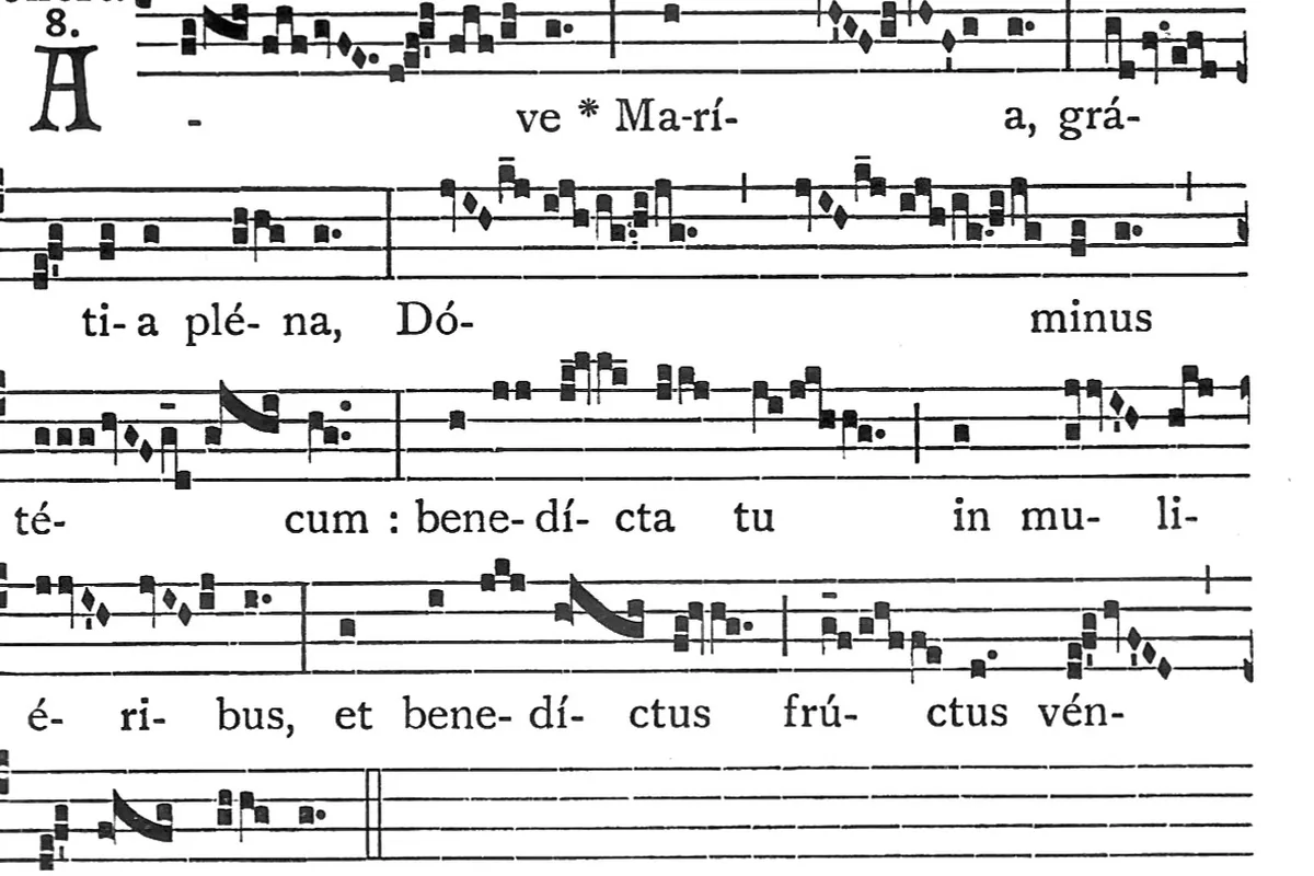 A page of chant notation, with square black notes on four-line staves above Latin text beginning Ave Maria